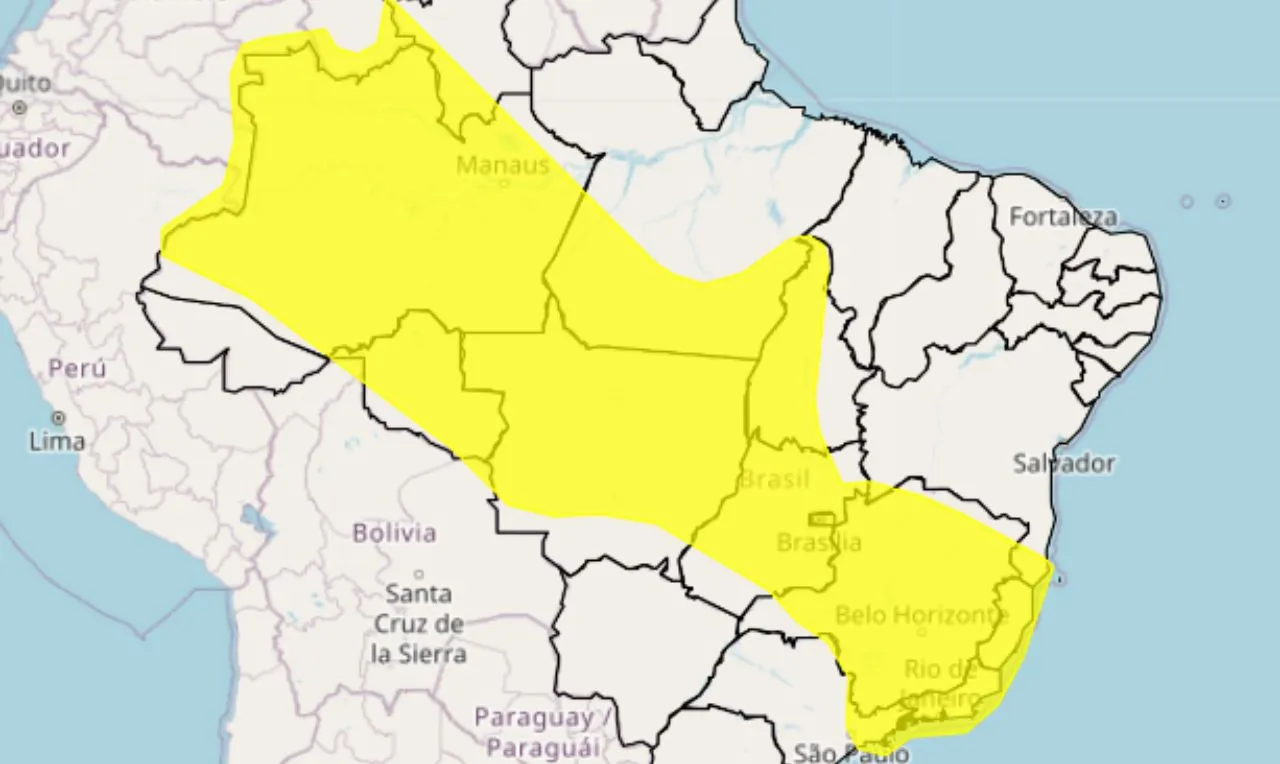 O mapa mostra as áreas em alerta para chuva intensa e ventos em grande parte do Brasil